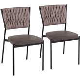 Tania Dining Chair in Light Brown Fabric, Grey Leatherette & Black Metal (Set of 2)